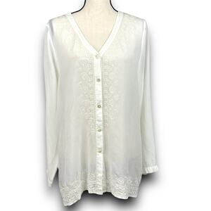 J Jill Cream Vneck Button Front Blouse Top Semi Sheer Embroidered Trim Medium